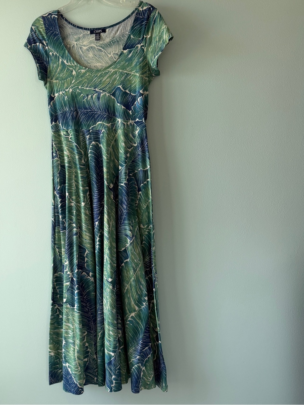 Chaps Green Blue Tropical Floral 100% Cotton Knit Cap Sleeve Maxi Dress S EUC